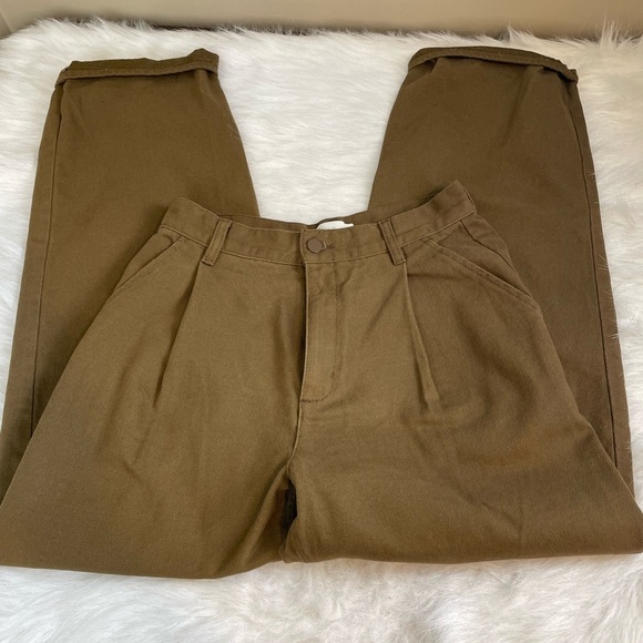 Oak and Fort Twill Pleated Barrel leg Olive Brown Pants - Picture 4 of 10